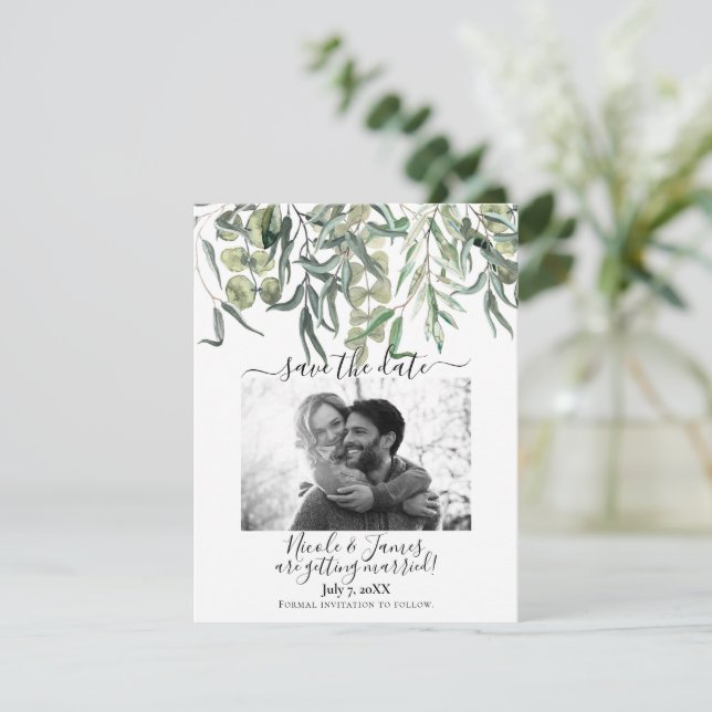 Wispy Eucalyptus Greenery Wedding Save the Date  Invitation (Standing Front)