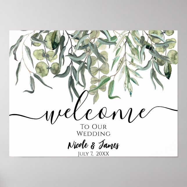 Wispy Eucalyptus Greenery Wedding Welcome Sign (Front)