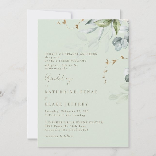 Wispy Foliage Light Sage Wedding Invitation (Front)