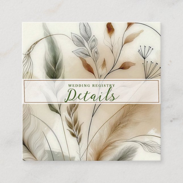 Wispy Greenery Botanical Boho Wedding Details Square Business Card (Front)