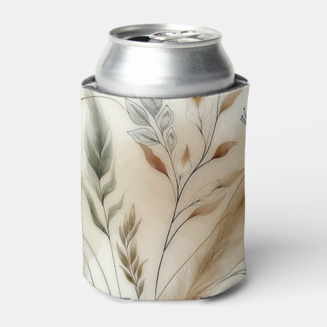 Wispy Greenery Modern Botanical Boho Wedding Can Cooler (Can Front)
