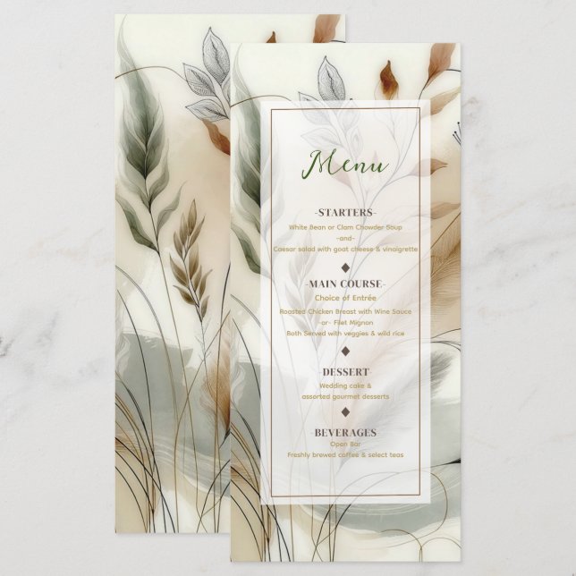 Wispy Greenery Modern Botanical Boho Wedding Menu (Front/Back)