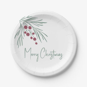 Wispy holiday sprig of leaves & berries paper plate