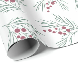 Wispy holiday sprig of leaves & berries wrapping paper