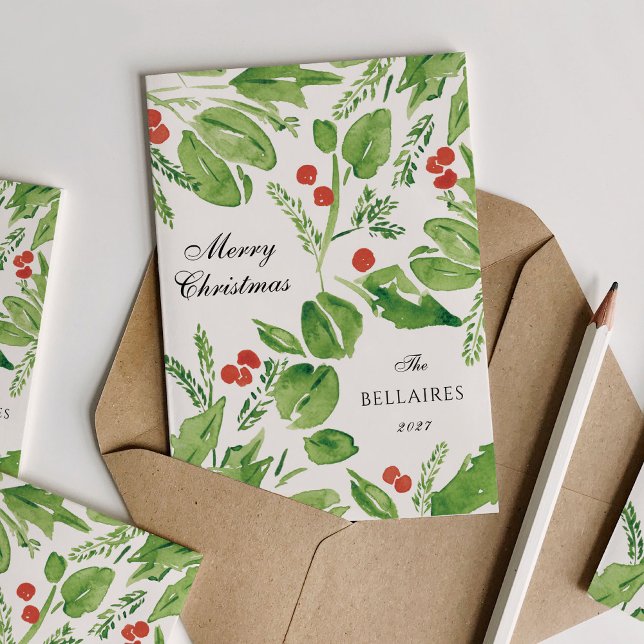Wispy Holly Green and Red Watercolor Christmas Holiday Card (Wispy Holly Green and Red Watercolor Christmas Holiday Card)