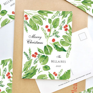 Wispy Holly Green and Red Watercolor Christmas Holiday Postcard