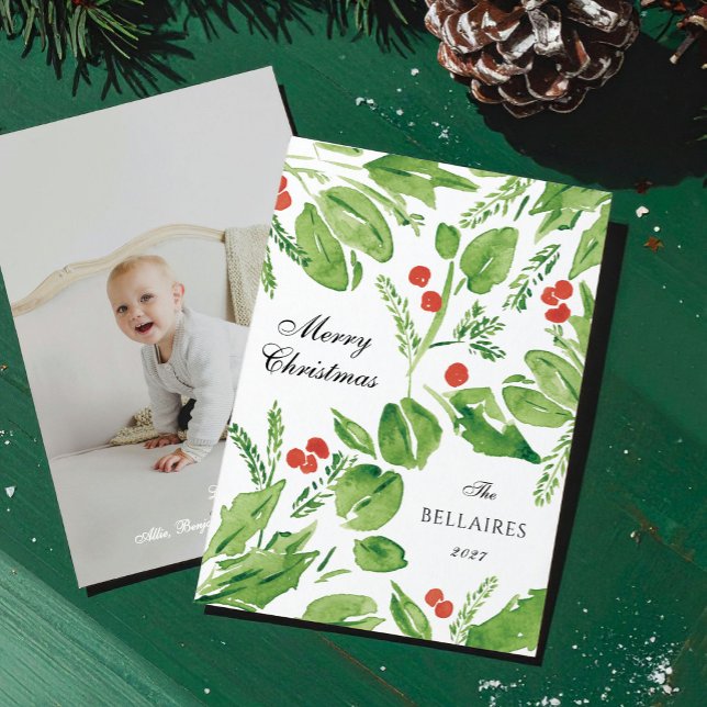 Wispy Holly Green and Red Watercolor Photo Holiday Card (Beautiful watercolor painted leaves and holly berries float through this flat photo holiday card.)