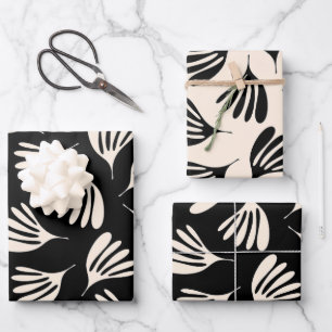 Wispy Leaves Chic Contemporary Black Cream Pattern Wrapping Paper Sheet