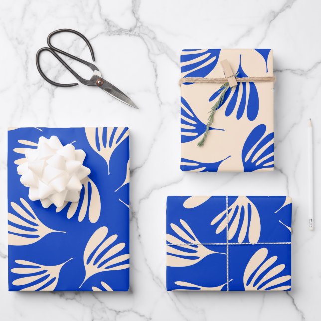 Wispy Leaves Contemporary Bright Blue Pattern Wrapping Paper Sheet (Front)