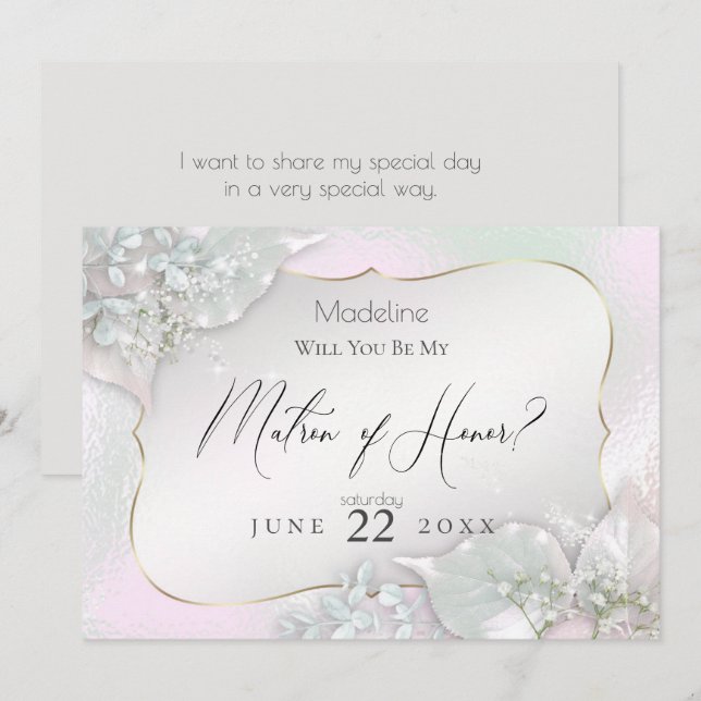 Wispy Pink Shimmer Will You Be My Matron of Honour Invitation (Front/Back)