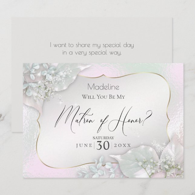 Wispy Pink Shimmer Will You Be My Matron of Honour Invitation (Front/Back)