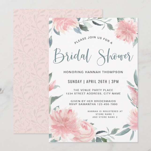 Wispy Pink Watercolor Floral Bridal Shower Invitation (Front/Back)