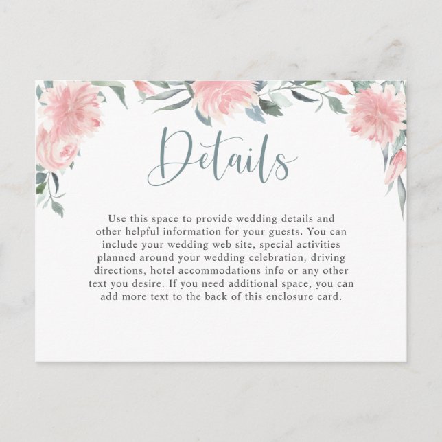 Wispy Pink Watercolor Floral Wedding Details Postcard (Front)