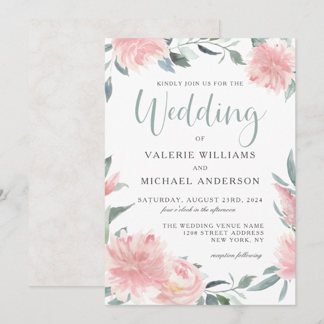 Wispy Pink Watercolor Floral Wedding Invitation (Front/Back)