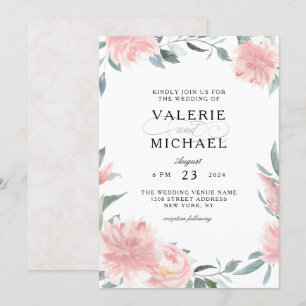 Wispy Pink Watercolor Floral Wedding Invitation