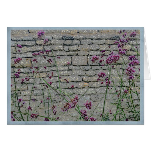 Wispy purple flowers on a rustic brick wall (Front Horizontal)