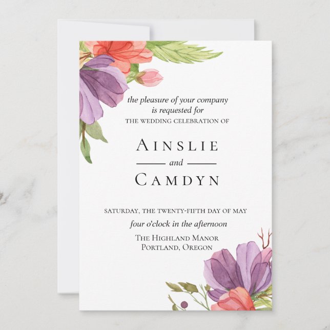 Wispy Watercolor Floral Wedding Invitation (Front)