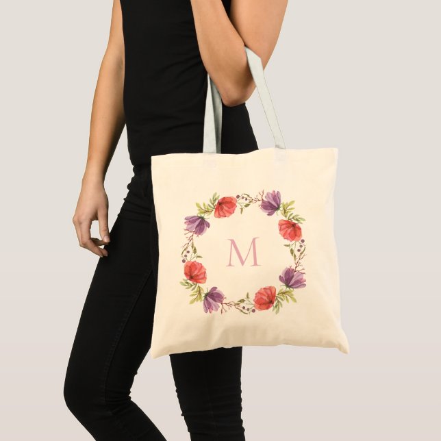 Wispy Watercolor Floral Wreath Monogram Tote Bag (Front (Product))