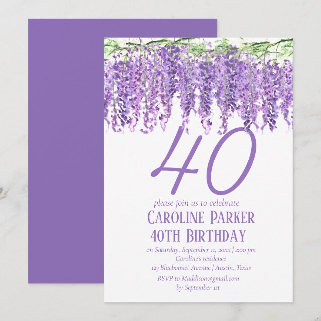 Wisteria 40th Birthday Purple Floral Violet Invitation (Front/Back)