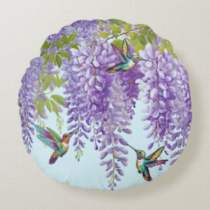 Wisteria And Hummingbirds Round Pillow