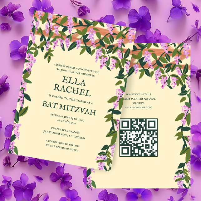 Wisteria Custom B'nai Bat Bar Mitzvah QR Code Invitation (Wisteria Flowers Custom B'nai Bat Bar Mitzvah QR Code Jewish Invitation
)