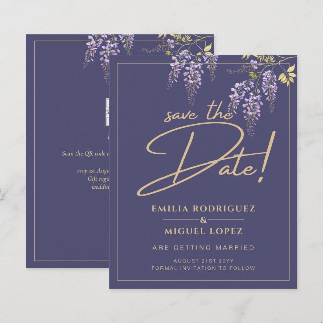 Wisteria Dusty Purple Gold Wedding Save the Date (Front/Back)