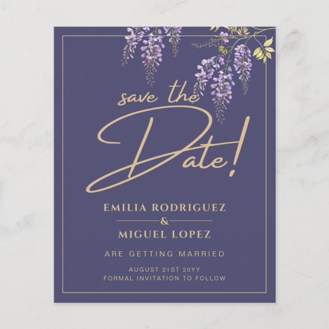Wisteria Dusty Purple Gold Wedding Save the Date Flyer (Front)