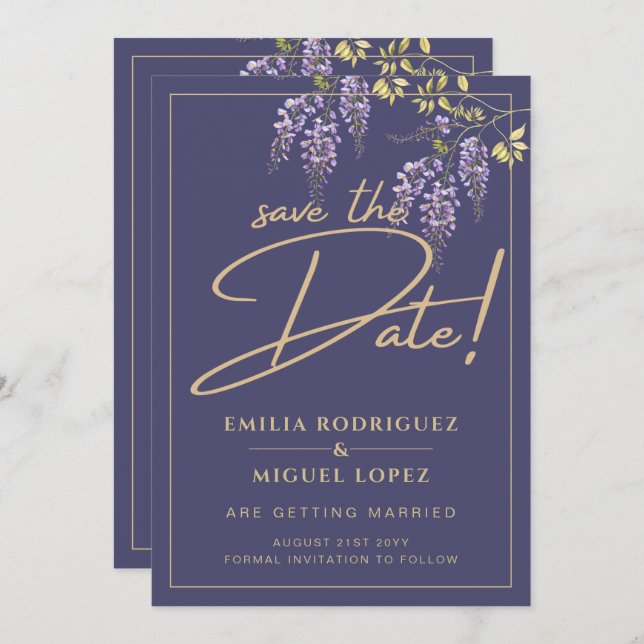 Wisteria Dusty Purple Gold Wedding Save the Date Invitation (Front/Back)