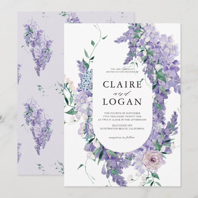 Wisteria Dusty Purple Watercolor Wedding Invitation (Front/Back)