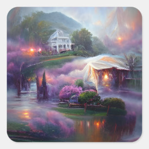 Wisteria House at sunset by the pond  Square Sticker