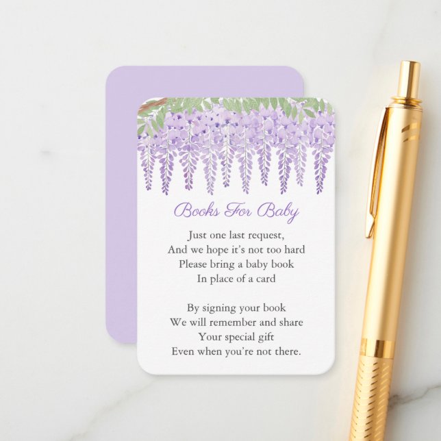 Wisteria Lavender Floral Book Request Baby Shower Enclosure Card (Front/Back In Situ)