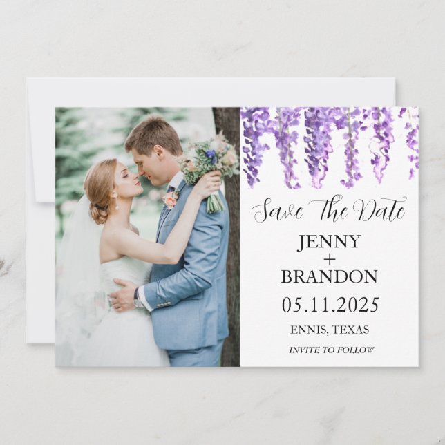 Wisteria Lavender Purple Floral Photo Elegant  Save The Date (Front)