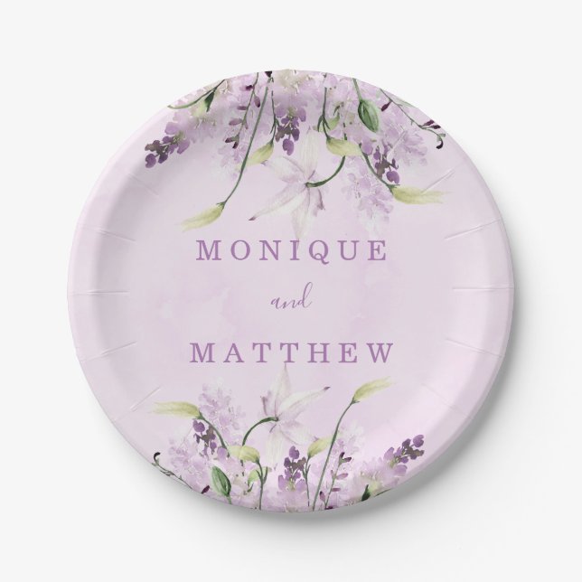 Wisteria Lavender White Rose Chic Wedding  Paper Plate (Front)