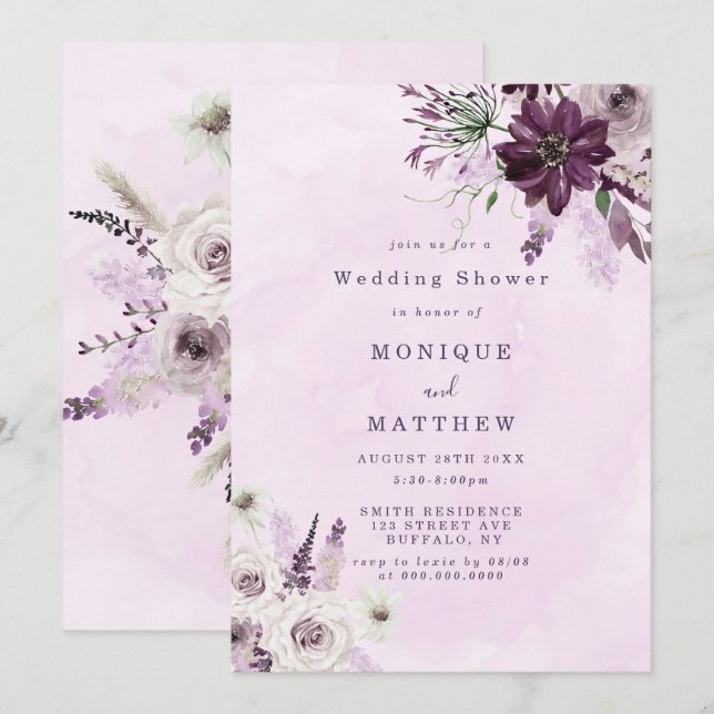 Wisteria Lavender White Rose Wedding Shower Invite (Front/Back)