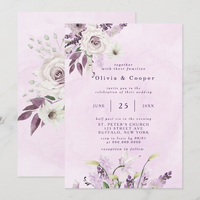 Wisteria Lavender White Roses Chic Wedding  Invitation (Front/Back)