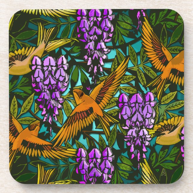 Wisteria 'n Birds (Set of 6 Cork-Backed Coasters) Coaster (Front)