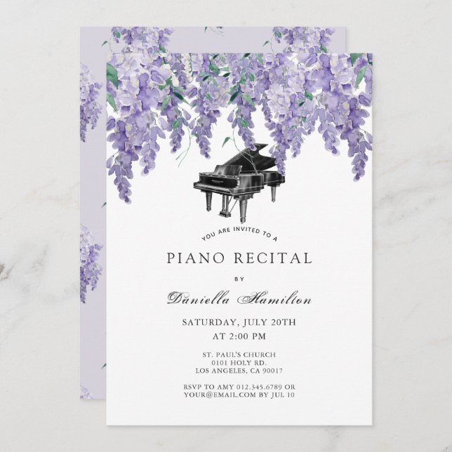 Wisteria Piano White Recital Invitation (Front/Back)