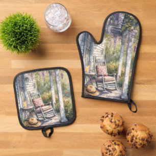 Wisteria Porch Rocking Chair Scene Oven Mitt & Pot Holder Set