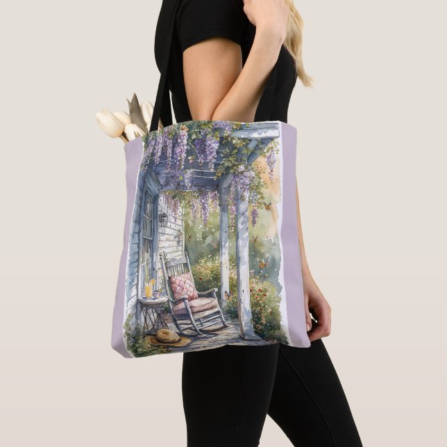 Wisteria Porch Rocking Chair Scene Tote Bag (Close Up)
