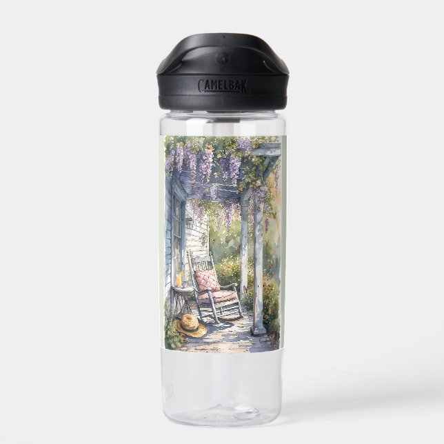 Wisteria Porch Rocking Chair Scene Water Bottle (Back)