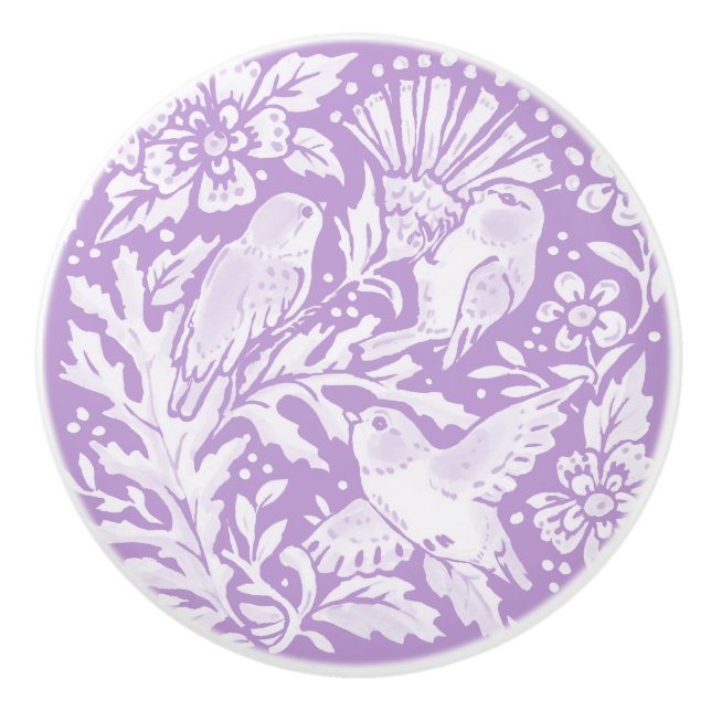 Wisteria Purple Bird Floral Leaf Woodland Pretty Ceramic Knob (Front)