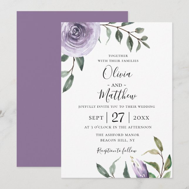 Wisteria Purple Botanical Wedding Invitation (Front/Back)