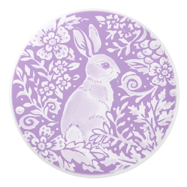 Wisteria Purple Bunny Rabbit Woodland Floral  Ceramic Knob (Front)