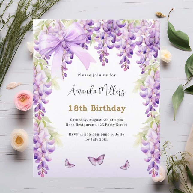 Wisteria purple butterfly bow birthday invitation (Creator Uploaded)