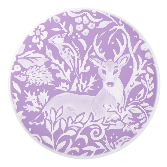 Wisteria Purple Deer Bird Hedgehog Forest Woodland Ceramic Knob (Front)