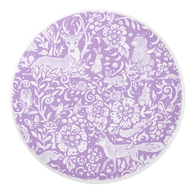 Wisteria Purple Deer Fox Rabbit Woodland Animal Ceramic Knob (Front)