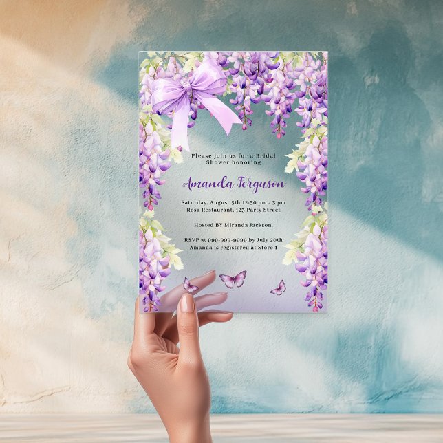 Wisteria purple floral butterfly bow Bridal Shower Acrylic Invitations (Creator Uploaded)