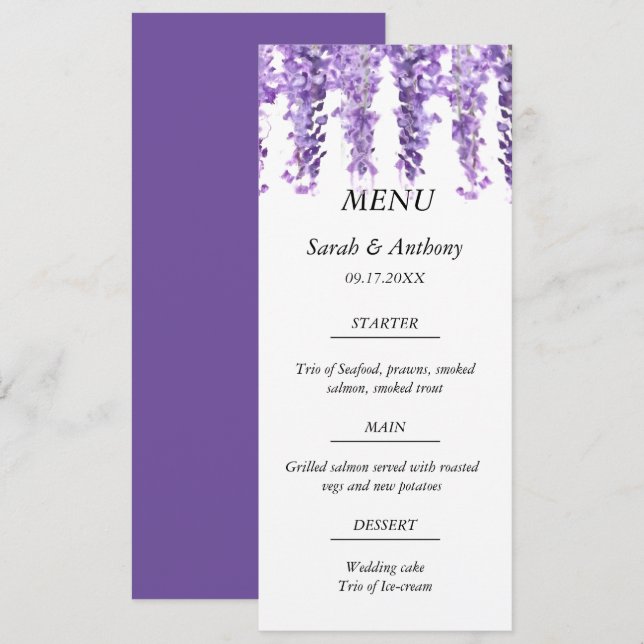 Wisteria Purple Floral Watercolor Wedding Food  Menu (Front/Back)