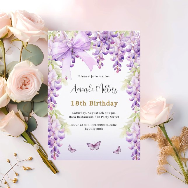 Wisteria purple florals butterfly bow birthday invitation (Creator Uploaded)