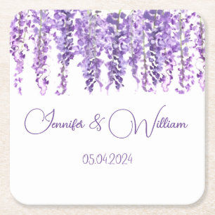 Wisteria Purple flower watercolor Floral Wedding Square Paper Coaster